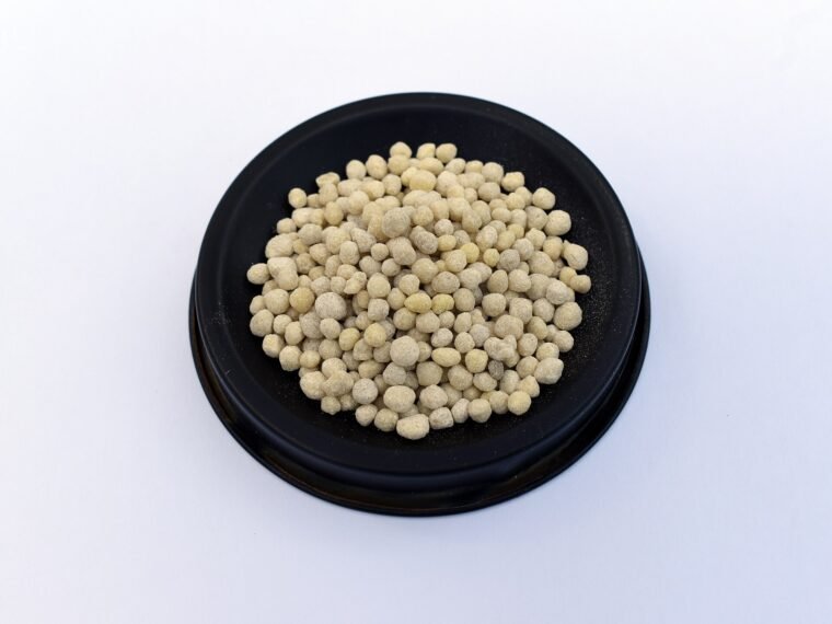 DAP fertiliser granules photographed in close-up.