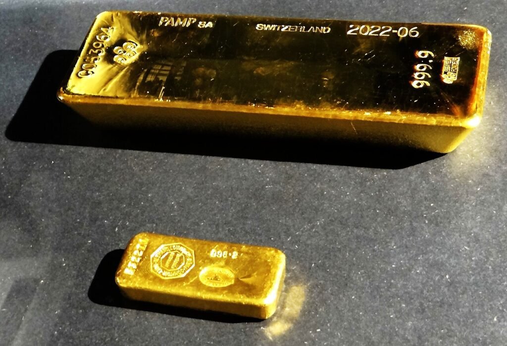 Two real gold bars photographed on display at the Banque de France.